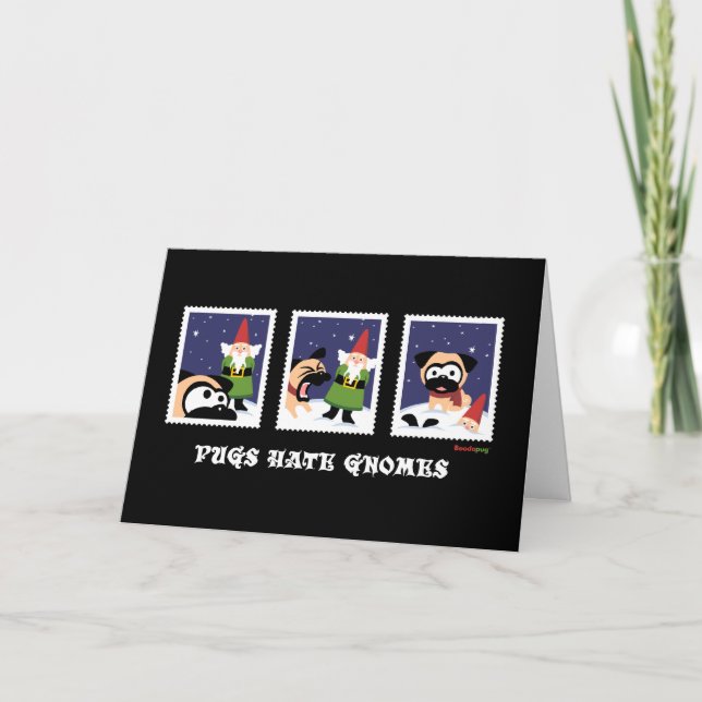 Black "Pugs Hate Gnomes" Holiday Card (Front)