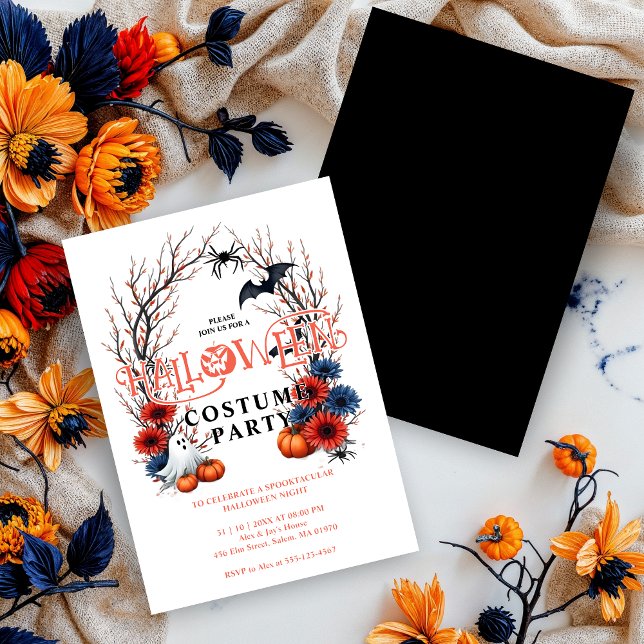 Black Pumpkin Ghost Bats Spiders Halloween Invitation (Halloween Party Invitation Cards with Pumpkins, Ghosts, Bats, and Spiders on Black Background.)