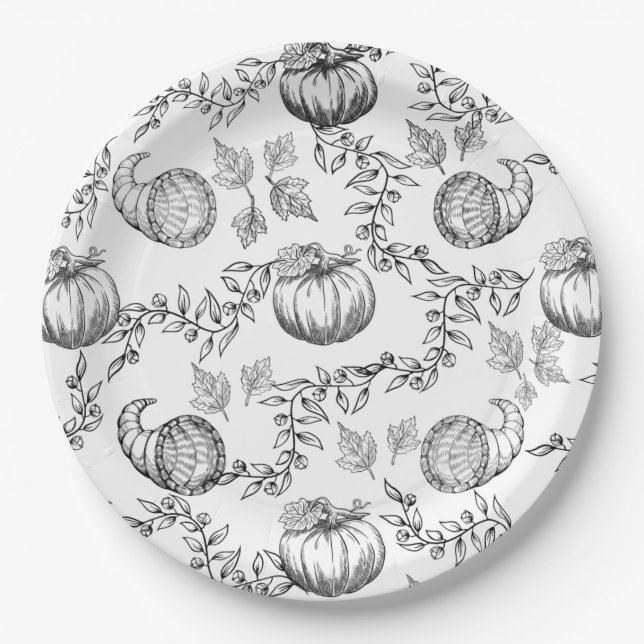 Black Pumpkin Toile 9 in. Round Paper plate (Front)
