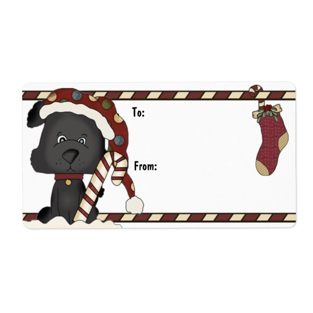 Black Puppy And Christmas Stocking Gift Label (Front)