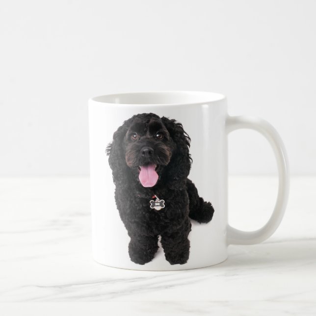 Black puppy looking up coffee mug (Right)