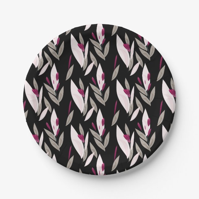 Black purple abstract red retro flower pattern paper plate (Front)