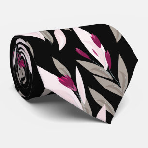 Black purple abstract red retro flower pattern tie