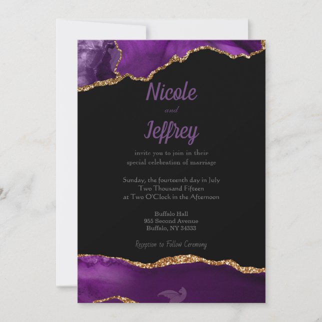 Black & Purple Agate Élégant Mariage Invitation (Devant)