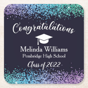 Black Purple and Blue Graduation   Square Paper Coaster