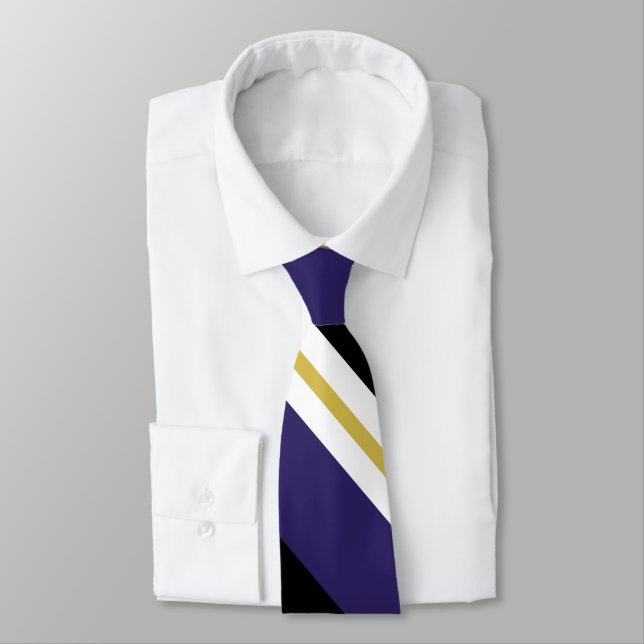 Black Purple and Gold Broad University Stripe Tie (Tied)