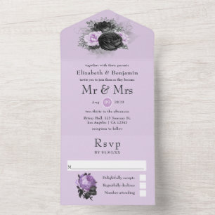 Black Purple and Silver Floral Gothic Wedding All  In One Invitation