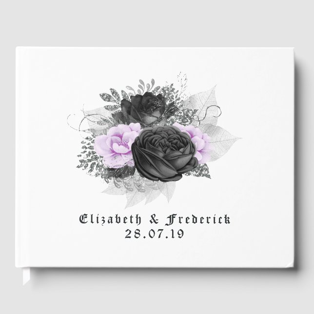 Black Purple and Silver Floral Gothic Wedding Guest Book (Front)