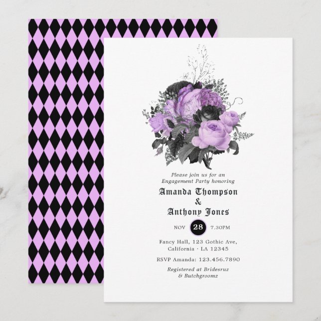 Black, Purple and Silver Gothic Engagement Party Invitation (Front/Back)