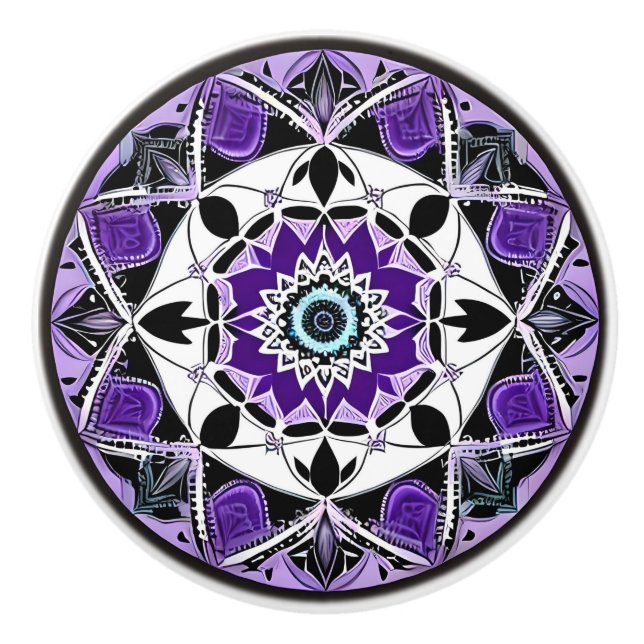 Black, Purple and Teal Mandala Ceramic Knob (Front)