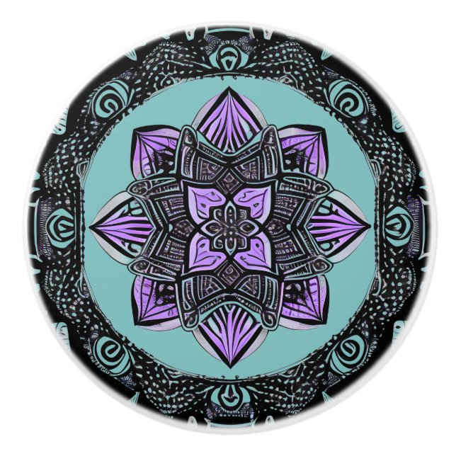 Black, Purple and Teal Mandala Ceramic Knob (Front)