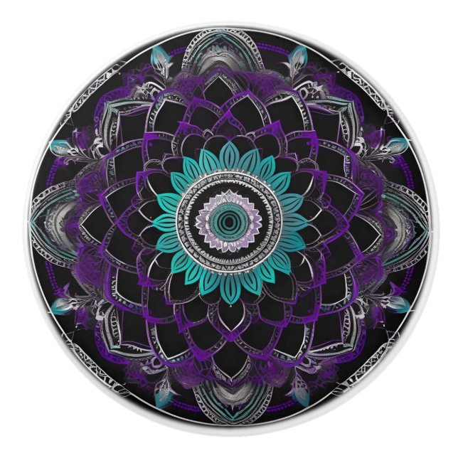 Black, Purple and Teal Mandala Ceramic Knob (Front)