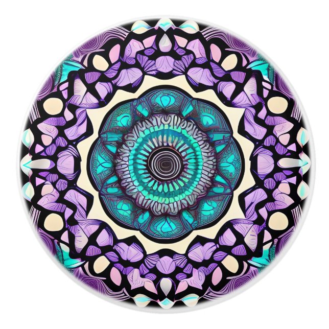 Black, Purple and Teal Mandala Ceramic Knob (Front)
