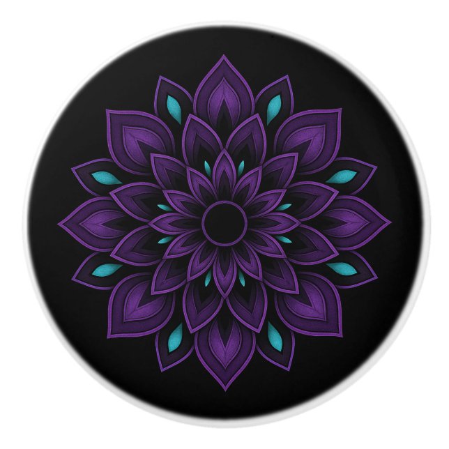 Black, Purple and Teal Mandala Ceramic Knob (Front)