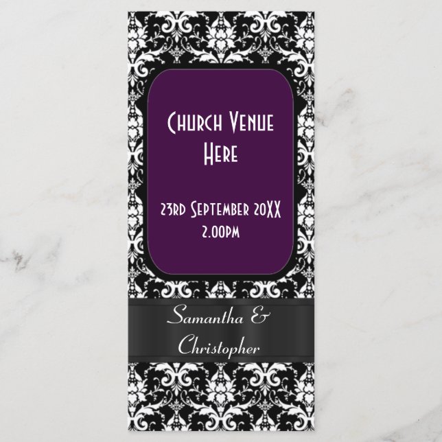 Black, purple and white damask wedding program (Front)