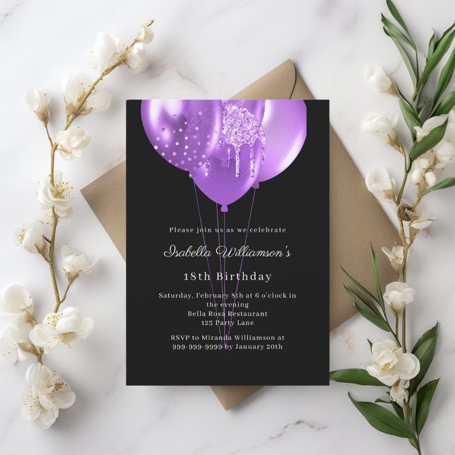 Black purple balloons birthday  invitation (Creator Uploaded)