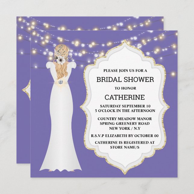 Black purple bride wedding dress string lights invitation (Front/Back)