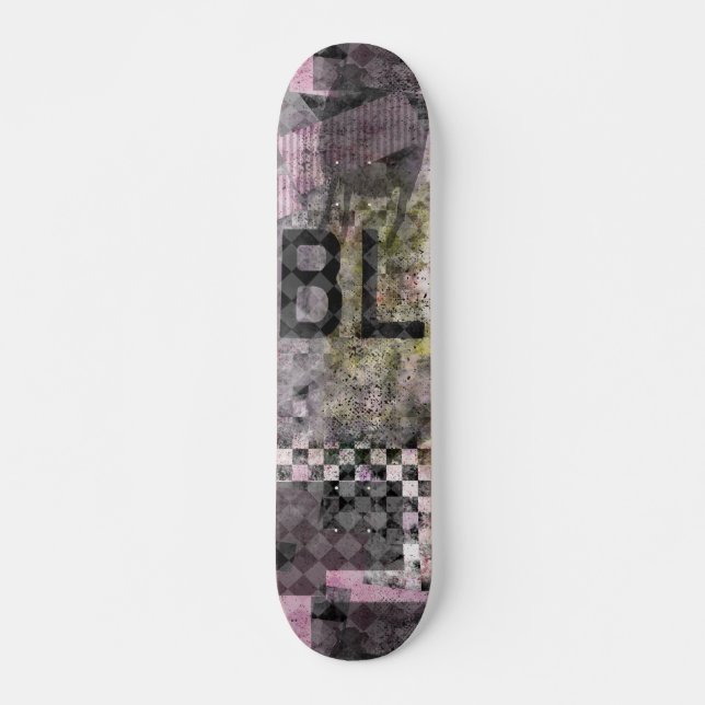 Black purple c collage art on skateboard (Front)