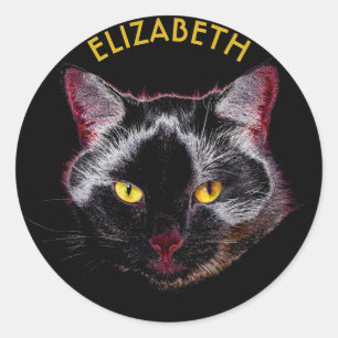 Black Purple Cat Drawing With Yellow Eyes Classic Round Sticker