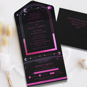 Black Purple Celestial Sun Moon Stars Wedding All In One Invitation