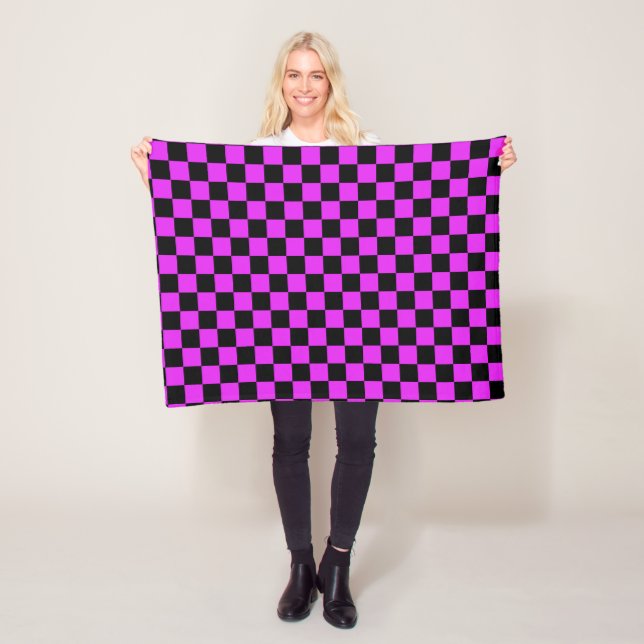 Black Purple Chequered  Plaid Pattern  Fleece Blanket (In Situ)