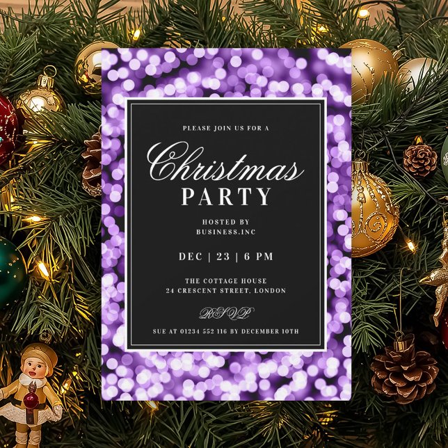 Black & Purple Christmas Glam Lights Holiday Party Invitation (Black & Purple Christmas Glam Lights Holiday Party Invitation)