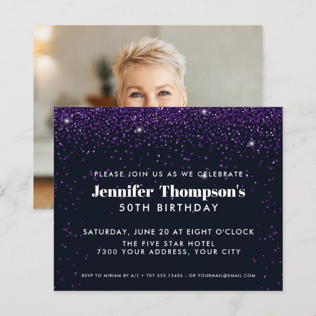 Black Purple Confetti Glitter 50th Birthday Photo (Front/Back)