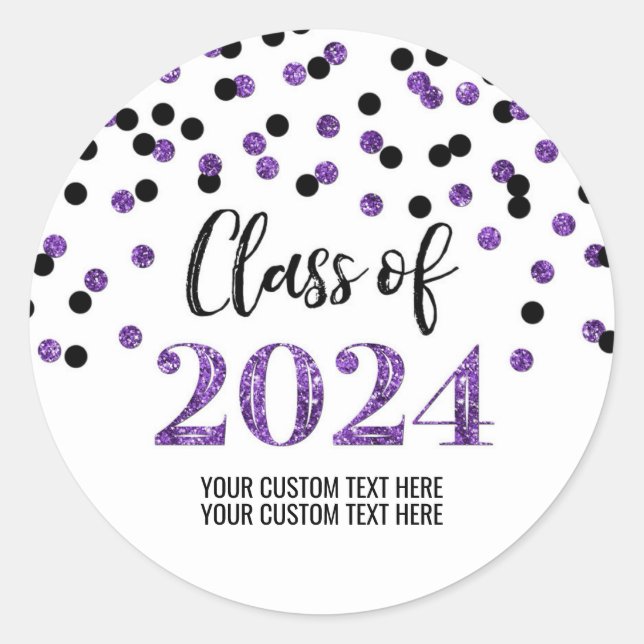 Black Purple Confetti Graduation 2024 Classic Round Sticker (Front)