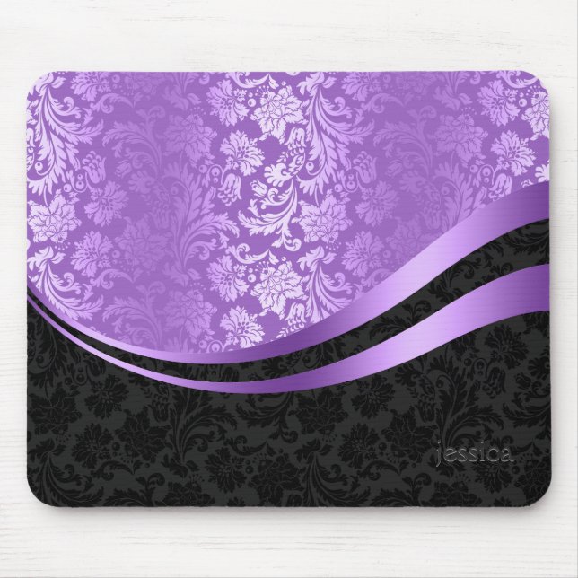Black & purple damask dynamic stripes mouse pad (Front)