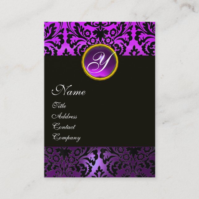 BLACK PURPLE DAMASK FLORAL MONOGRAM,Amethyst Business Card (Front)