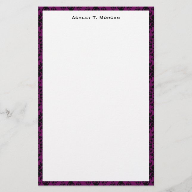 Black / Purple Damask Framed Personalized Stationery (Front)