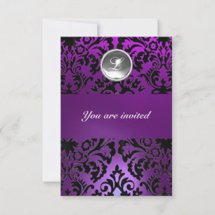 BLACK & PURPLE DAMASK GEM STONE MONOGRAM  ice Invitation