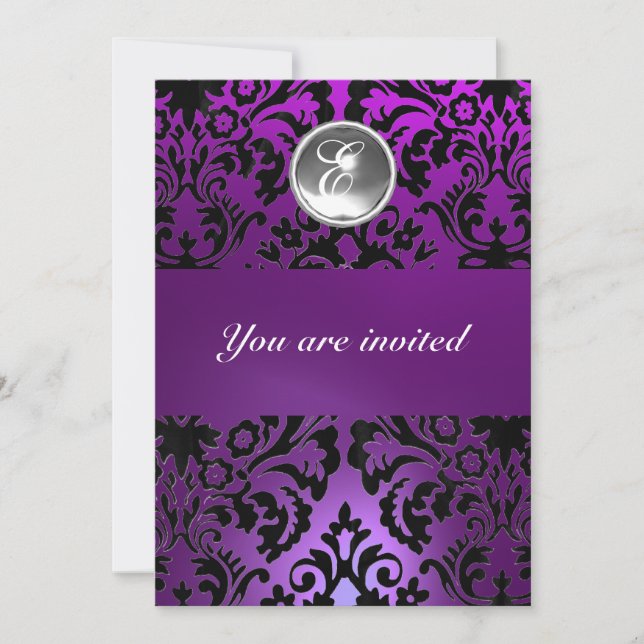 BLACK & PURPLE DAMASK GEM STONE MONOGRAM  ice Invitation (Front)