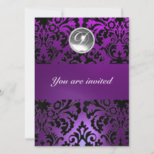 BLACK & PURPLE DAMASK GEM STONE MONOGRAM ice Invitation
