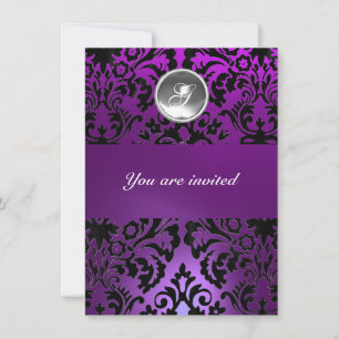 BLACK & PURPLE DAMASK GEM STONE MONOGRAM  ice Invitation