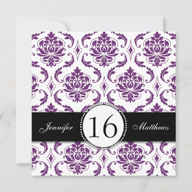 Black Purple Damask Sweet Sixteen Invitations (Front)
