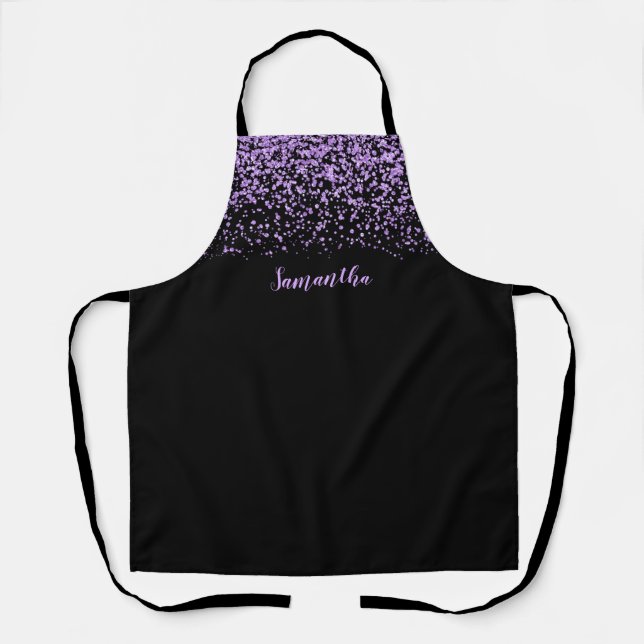 Black Purple Faux Glitter Personalized Apron (Front)