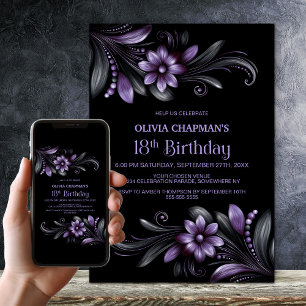 Black Purple Floral 18th Birthday Party Invitation