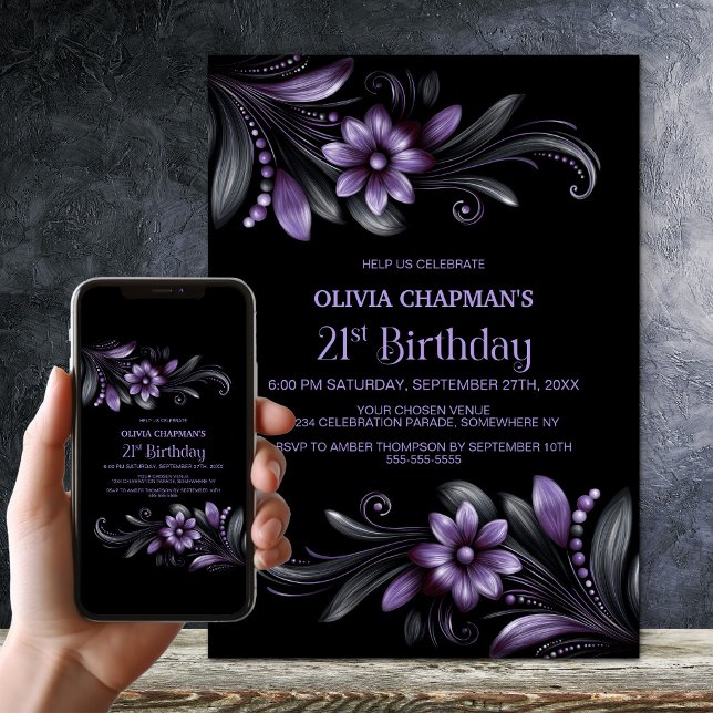 Black Purple Floral 21st Birthday Party Invitation (Creator Uploaded)