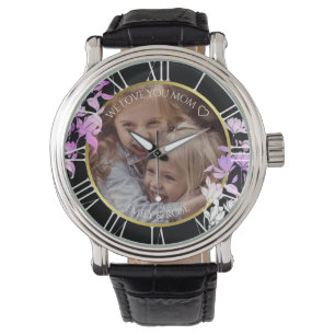 Black Purple Floral Custom Children Photo Template Watch