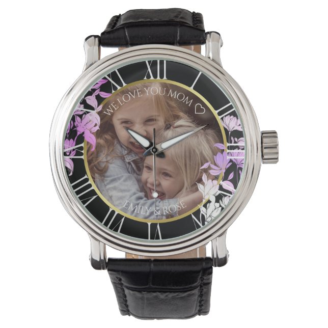 Black Purple Floral Custom Children Photo Template Watch (Front)