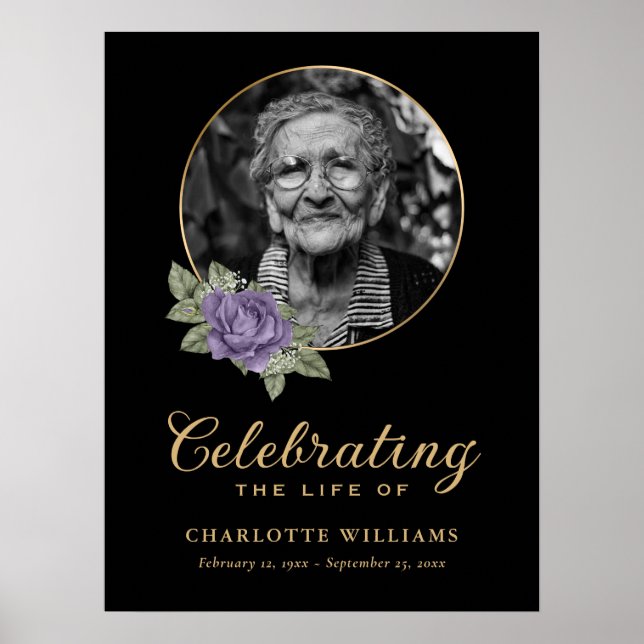 Black Purple Floral Funeral Photo Welcome Sign (Front)