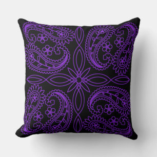 Black & Purple Floral Paisley Pattern Throw Pillow