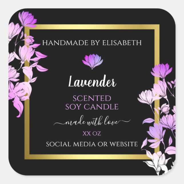Black Purple Floral Product Packaging Labels Gold (Front)
