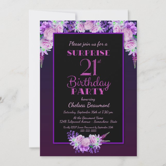 Black & Purple Floral Surprise 21st Birthday Party Invitation (Front)