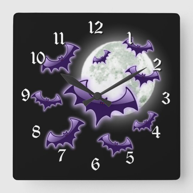 Black & Purple Full Moon Bats Square Wall Clock (Front)