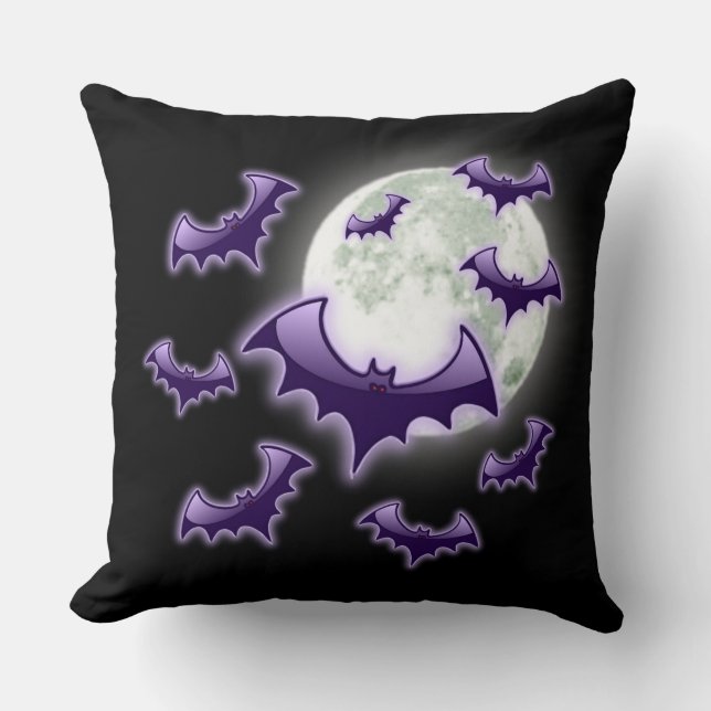 Black & Purple Full Moon Bats Throw Pillow (Front)