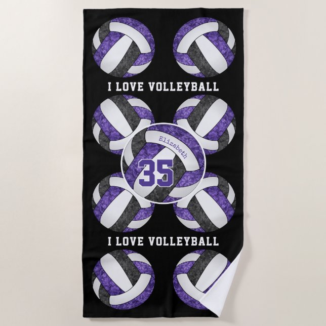 black purple girly team colours I love volleyball Beach Towel (Front)