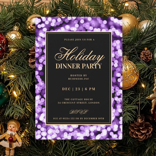 Black & Purple Glam Lights Holiday Dinner Party Invitation (Black & Purple Glam Lights Holiday Dinner Party Invitation)