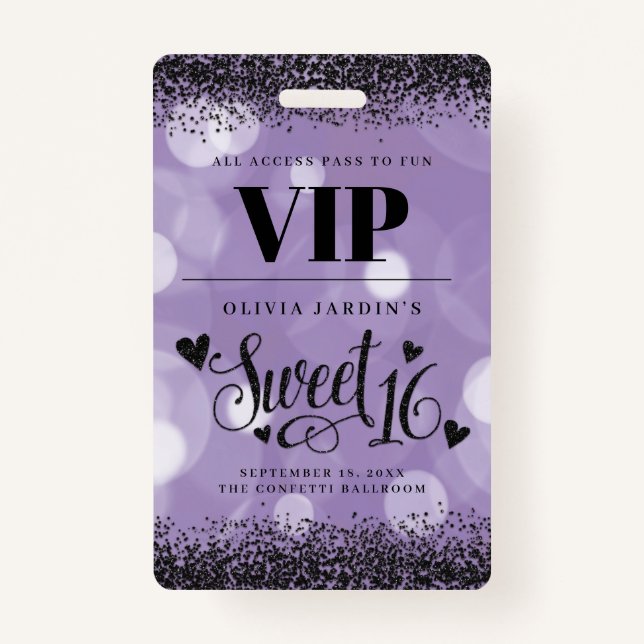 Black & Purple Glam Sweet 16 Badge (Front)